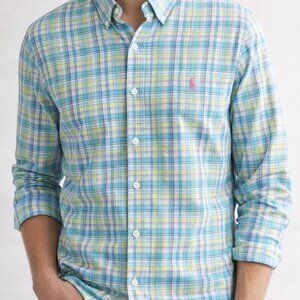 Ralph Lauren Madras Plaid Button Down Shirt Men's L Blue Pink Preppy Cotton
